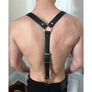 Black Leather Top Shoulder Clip On Suspenders Harness Belt Motorcycle Biker NWT